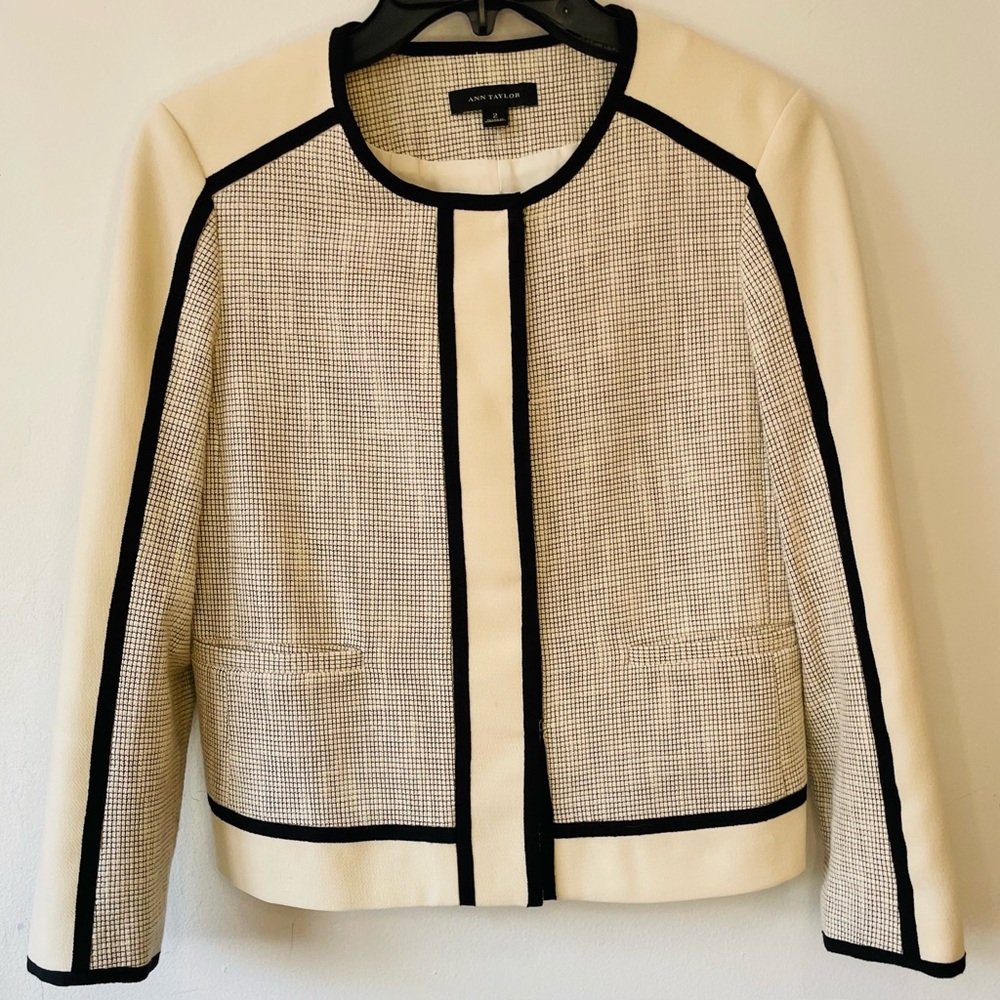 Ann Taylor Ivory and Black Trim Open-Front Blazer